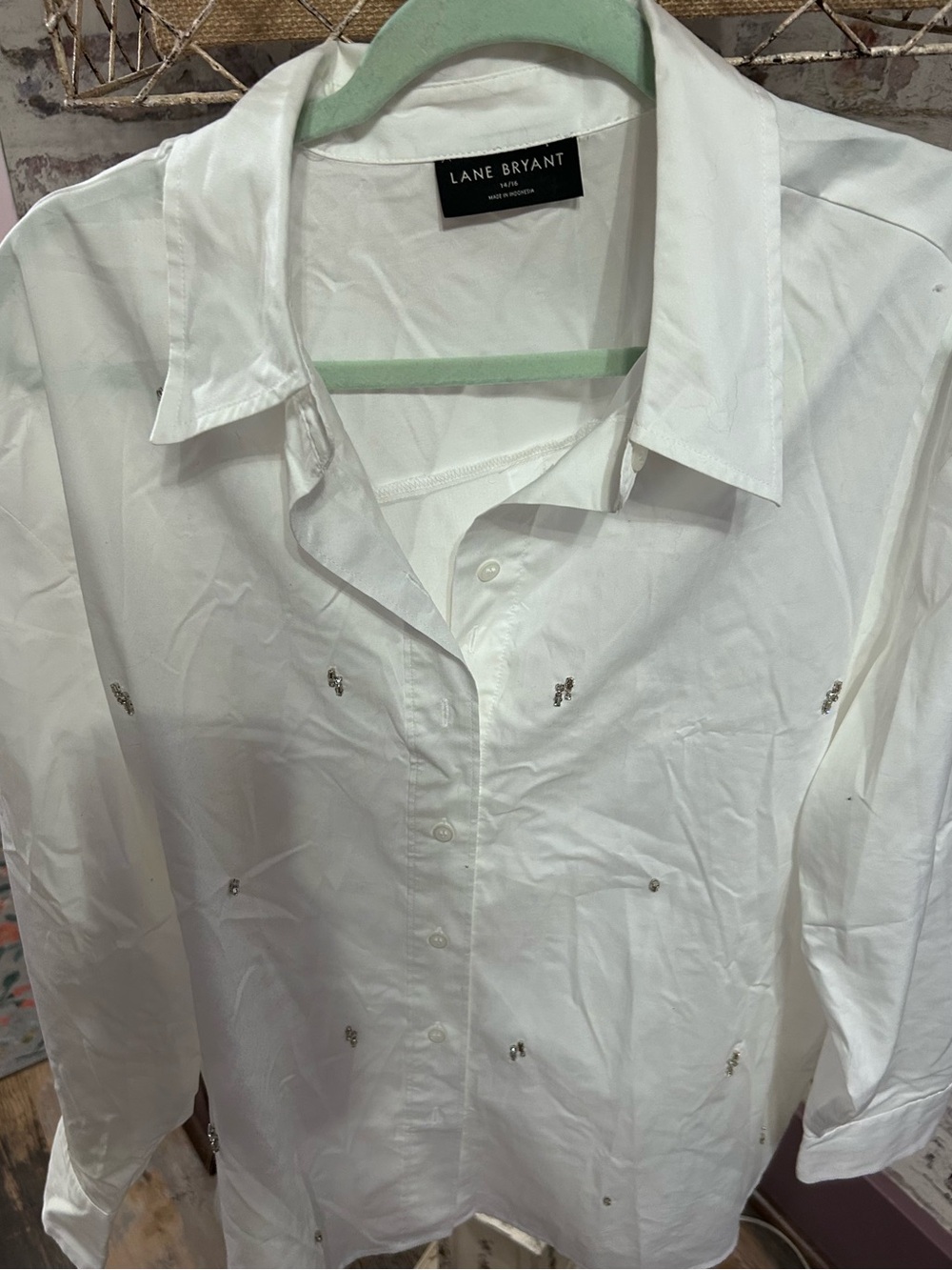 Lane Bryant White Button-Down Shirt with Sparkle Studs